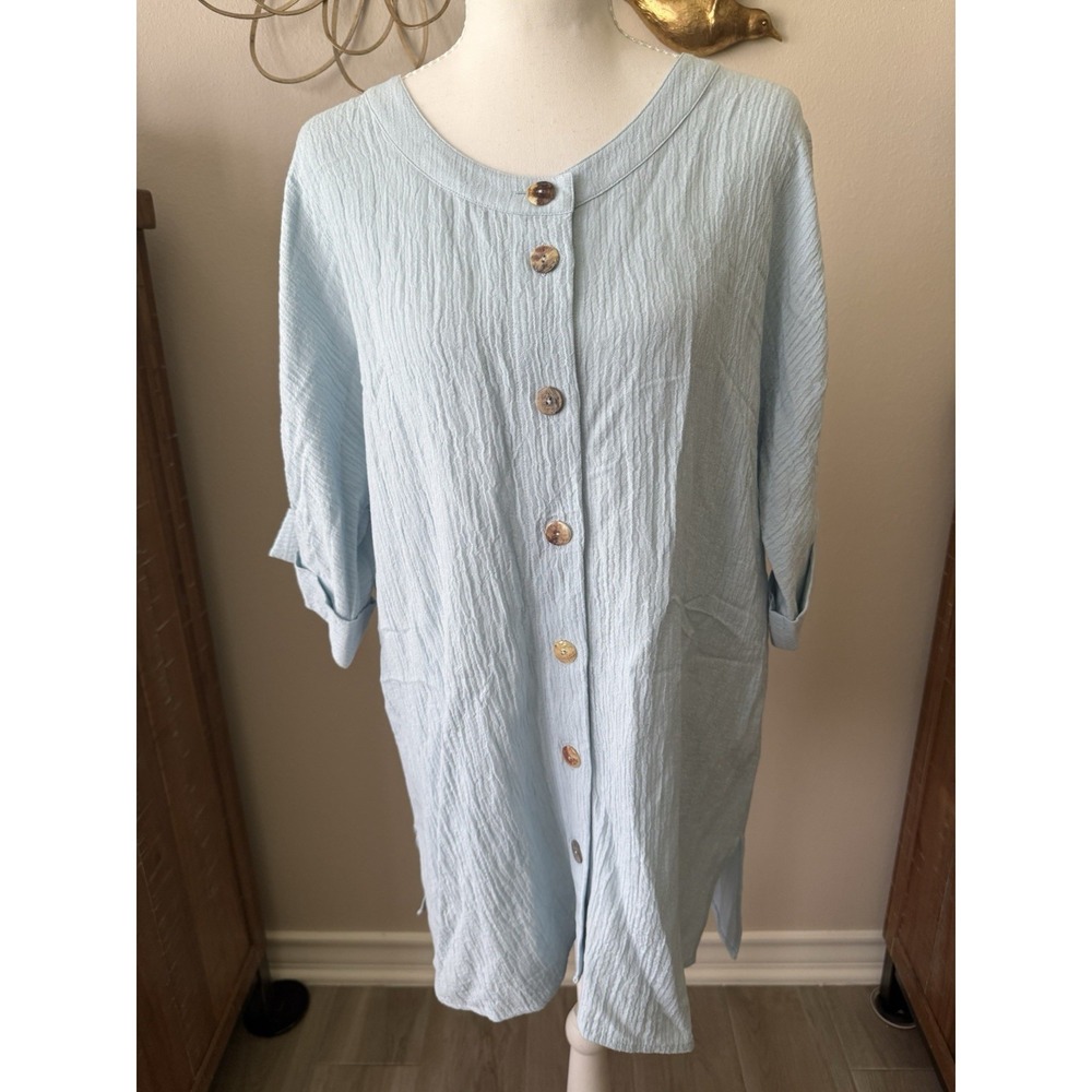 Soft Surroundings Tunic Top Womens Small Blue Ramie Rayon Button Front Boho